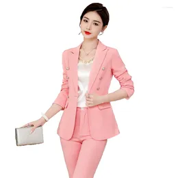 Women's Two Piece Pants Pink Purple Yellow Office Ladies Pant Suit Female Button Decoration Blazer And Trouser Formal Business Work Wear 2