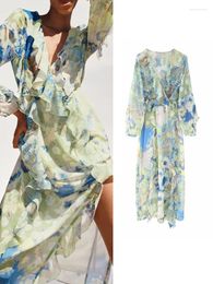 Casual Dresses Elegant Ladies Printed Tierred 2023 Summer V-neck Beach Style Mid-Calf Dress A-line Long Sleeve Party Vestidos