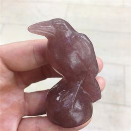 Decorative Figurines Natural Strawberry Crystal Stone Crow Hand Carved Animal Figurine Energy Crafts Home Decoration As Gift