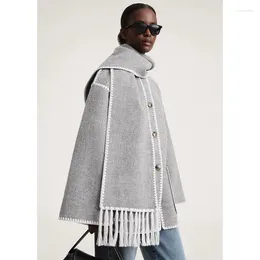 Women's Knits High Quality Totem Wool Polyester Winter Women Coat Light Gray Color Full Sleeves Single Breasted Oversize Casual Scarf Collar