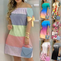 Casual Dresses Women's Off Shoulder Mini Dress Summer Casual Short Sleeve Bow Stripe Print Dress Sexy Loose A-Line Party Dress Tank Top 230407