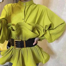 Women's Blouses Personalised Long Sleeved Ruffled Shirt 2023 Autumn Fashion Korean High Waist Standing Neck Slim Fit Top With Belt