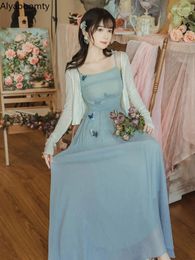 Casual Dresses 2023 Summer Women Fairycore Sleeveless Long Dress Suspenders Embroidery Butterfly Sundress Elegant Feminine Fairy Party