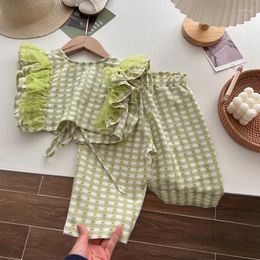 Clothing Sets Chic 1-6Year Children Summer Set Patchwork Mesh Sleeve Back Bandage T-Shirt Elastic Waist Plaid Print Wide Leg Pant