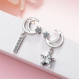 Stud Earrings Fashion Shiny Crystal CZ Star Moon For Women Party 925 Sterling Silver Earring Jewellery Girl GiftsStud