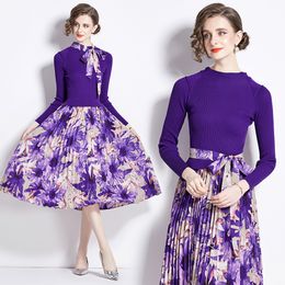 Autumn Winter Purple Midi Designer Dresss Woman Long Sleeve O-Neck Knitted Patchwork Fashion Print Party Pleated Dresses 2023 Vacation Lace Up Bow Runway Frocks