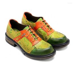 Dress Shoes Size 36-42 Vintage Contrast Printing Lace-up Casual Round Toe Thick Heel Women Flats Green