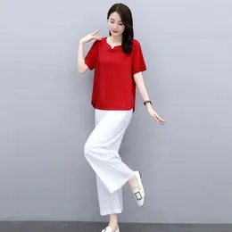 Women's Two Piece Pants 2 Pcs/Set Stylish Deep Crotch Top Trousers Suit Casual Lady Set Round Neck Summer T-shirt Women Garment