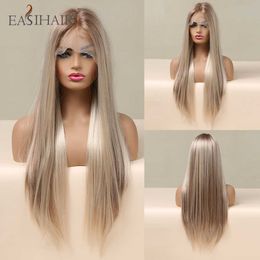Synthetic Wigs Easihair Blonde Lace Front Wig Ombre Synthetic Hair Middle Part Highlight Long Straight Heat Resistant Cosplay 230227