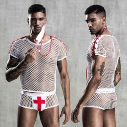 Cosplay Set Men Doctor Uniform Mesh Underwear Erotic Catsuit Bodysuit Lingerie Sexy Role Play Clubwear Outfits