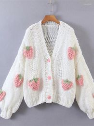 Women's Knits Strawberry Printed Crochet Cardigans Women Winter Korean Style Loose Knitting Sweater Female Fashion Casual V Neck Cardigan