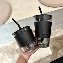 Mugs 350ml 450ml creative glass coffee straw cup with lid heat-resistant water bottle beer tea beverage couple coffee cup with straw 230406