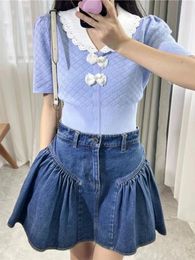 Women's Sweaters Doll Neck Knit Shirt With Contrasting Hook Flower V-neck Texture And Bow Tie Slimming Top For Summer
