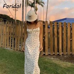 Foridol Strawberry Print White Chiffon Long Dress Women Spaghetti Strap Vintage Boho Summer Beach Maxi Dress Sleeveless Sundress X228p