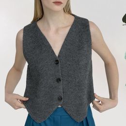 Women's Vests Vintage V Neck Knitted Vest Female Outerwear Chic Tops Crochet Crop Fashion Solid Color Button Down Pullover Waistcoat