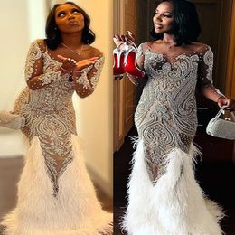 2023 Arabic Aso Ebi White Mermaid Prom Dress Lace Beaded Feather Evening Formal Party Second Reception Birthday Engagement Gowns Dresses Robe De Soiree ZJ3446