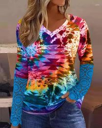 Women's T Shirts Aztec Geometric Tie Dye Print Contrast Lace Long Sleeve Top Fashion Woman Blouses Shirt 2023 Clothing T-Shirts Pullover