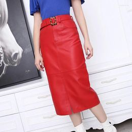 Skirts Red Long Leather Pencil Skirt For Women Harajuku Style Female High Waist Leopard Belt Wrap Jupe Mujer Slit 70cm Sexy Faldas