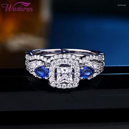 Cluster Rings Wuziwen 2Pcs Genuine 925 Sterling Silver Wedding Engagement For Women Princess Cut Blue Pear CZ Bridal Set Jewelry