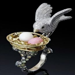 Fashion Women Ring Alloy Oval Gemstone Opal Crystal Diamond Bird Egg Ring Anniversary Day Gift Size 5-10268z