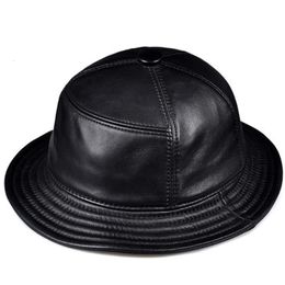 Wide Brim Hats Bucket Korean Fashion ACC Unisex Genuine Leather Men Women Casual Fishing Caps Male Fitted Black Basin Cap Sombrero Mujer 230407