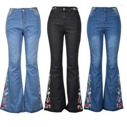 Women's Jeans XS-4XL Embroidered Flared For Women Spring Autumn Floral Slim Washed Denim Pants Ladies Casual Trousers