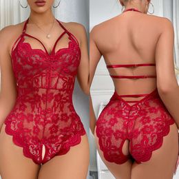 Sexy Costume Sexy Red Crotchless Lingerie Women Lace Transparent Erotic Costumes Teddy Baby Doll Dress Deep V Open Bra Porn Underwear Set