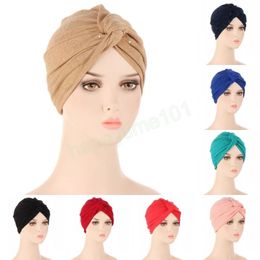 Ramadan Females Solid Colour Cross Folds Hijabs Beanies Hats Eid Soft Muslim Islamic Women Elastic Wrap Turban Cap Headwear