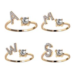 A-Z Letter Gold Colour Metal Adjustable Opening Couple Rings Initials Name Alphabet Female Creative Finger Trendy Party Jewelry2950