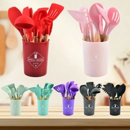 Silicone Kitchen Utensil Set 12 Pieces/lot Cooking with Wooden Handles Holder for Nonstick Cookware Spoon Soup Ladle Slotted Whisk Tongs Brush Pasta Wholesale a0407