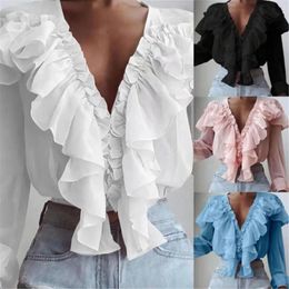 Men's Jackets Spring Women White Ruffle Blouse Long Sleeve Top Chiffon Shirt Work Casual Lady Solid Colour Pink V-neck Blouses Tunic Clothes