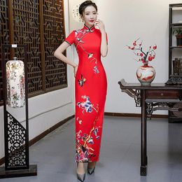 Ethnic Clothing Oversize S-5XL Red Chinese Long Cheongsam Women Elegant Slim Dress Retro High Split Sexy Button Party Evening Qipao Vestido