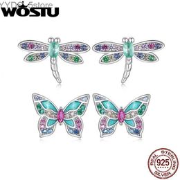 Stud WOSTU 925 Sterling Silver Rainbow CZ Dragonfly Butterfly Stud Earrings Cute Insect Ear Studs Girls Daughter Birthday Party Gift YQ231107