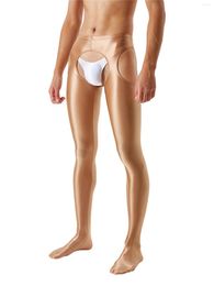 Calça masculina semi -transparente meias brilhantes de óleo de meia -calça sexy com calças de calça recutada de cutgings de gripes abertos para machos