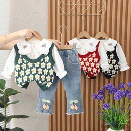 Clothing Sets Autumn Style Baby Girl 3PCS Clothes Set Flower Sweater Vest Long Sleeve Lapel Shirt Jeans Infant Toddler Girl Suit