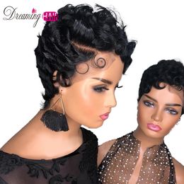 Peruvian Hair Short Pixie Cut Lace Front Human Hair Wigs Transparent Lace Wigs PrePlucked Natural Hairline For Woman Curly Pixie Wig