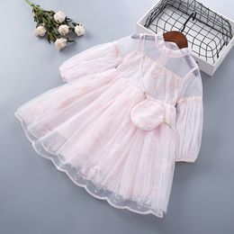 2-8 Years High Quality Spring Autumn Pearls Bag Floral Draped Ruched Kid Children Clothing Girl Party Birthday Princess Dress