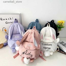 Backpacks Personalised Kawaii Bunny Backpack for Girls with Cute Rabbit Ears and Fluffy Bear Pendant School Bookbag for Kids Q231108