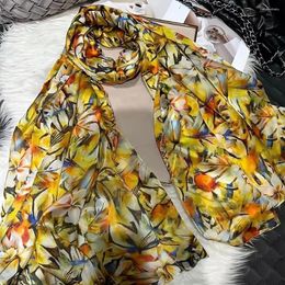 Scarves Yellow Coffee Silk Scarf Shawl Women Floral Design Brand Summer Beach Shawls Fashion Elegant Hijab Bufanda