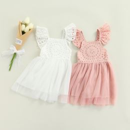 Girl's Dresses Baby and Children's Lace Tutu Dress Baby and Girl Solid Flight Sleeves V-Neck Patch Work Suit 100% Cotton Dress White Pink 1-5T 230407