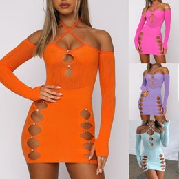 Casual Dresses CHRONSTYLE Sexy Off Shoulder Criss-cross Halter Dress 2023 Fall Summer Cutout Long Sleeve Mini Pencil Backless Vestidos