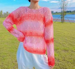 Women's Sweaters France Chic Fashion Girl Autumn Spring Hollow Out Sweater Women Pearl Beaded Gradient Pink Long Sleeve Loose Pullover