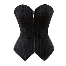 Black Striped Suit Style Shapewear Women Overbust Zipper Bustier Strapless Corselet Slim Body Shaper Plus Size S-6XL Corset Tops267l