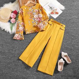 Clothing Sets Autumn New Girls Outfit 8-12 Years Yellow Printed Long Sleeve Top Yellow Trousers For Girls Fashion Casual sets