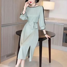 Casual Dresses High-end Imitation Silk Party For Women 2023 Summer Elegant Green Three-quarter Sleeves Hollow Lace Tunic Midi Dress