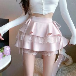Skirts WDMSNA Kawaii Pink Ruffle Mini Skirt Women Lace Double-layer Cute High Waist Faldas Bandage Sexy Short Coquette Lolita