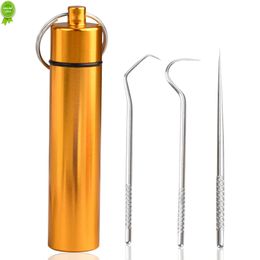 New 3 Pieces Toothpicks Pocket Set Reusable Portable Fruit Fork Metal Tooth Picks Tooth Cleaning Tools with Storage Box