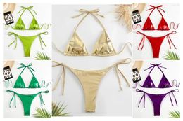 Women's Swimwear Metallic Lace Up Bandage Bikini Set Two Piece Summer Beach Women Holidays Swimsuit Bathing Ladies