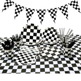 Disposable Dinnerware Black White Racing Party Paper Plates Cups Napkins Chequered Race Car Tableware Set Kids Birthday Decor