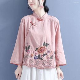 Ethnic Clothing 1pcs Retro Stand-up Collar Embroidered Long-sleeved Blouse Women's Chinese Style Loose Shirt Tops Daily Costume Gift